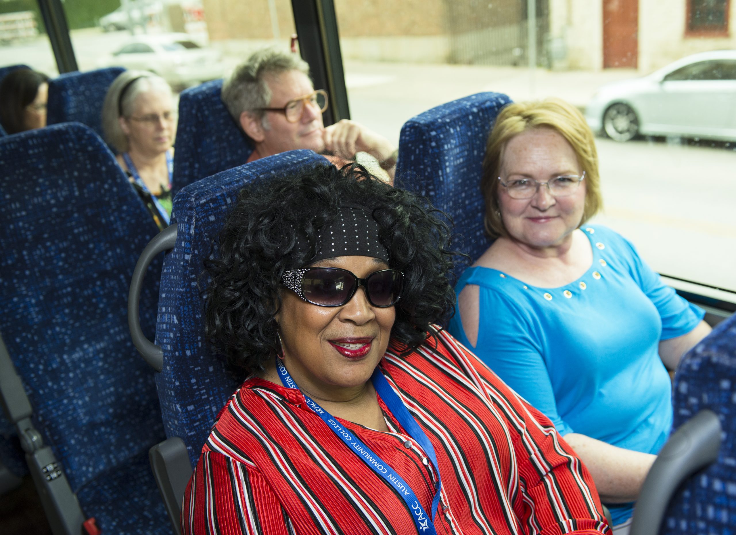 Two women on the bus to the San Antonio at NISOD's 2019 conference.